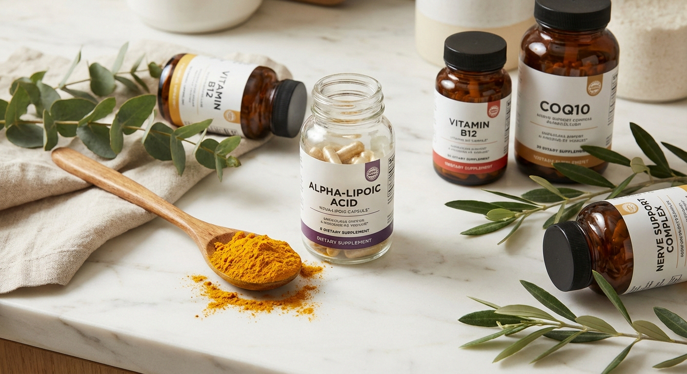 Antioxidant supplements for nerve health including alpha-lipoic acid capsules and turmeric powder on a white marble surface