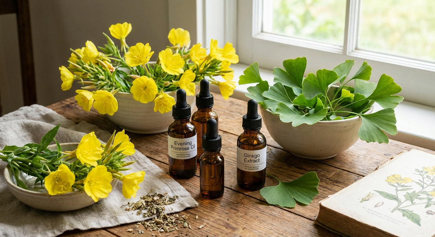 Herbal remedies for neuropathy including evening primrose flowers, ginkgo biloba leaves, and herbal tinctures on a wooden table
