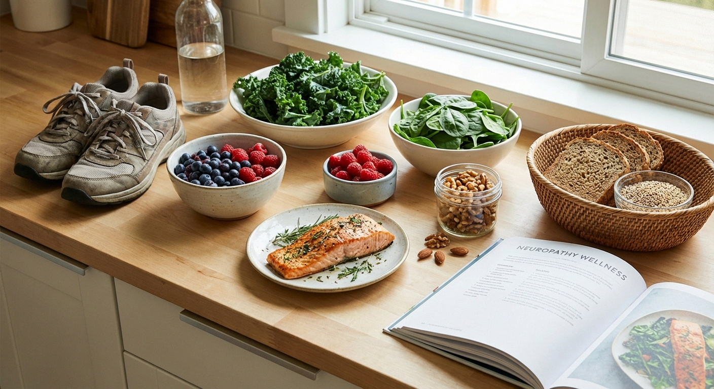 Healthy anti-inflammatory foods and walking shoes representing lifestyle changes that support neuropathy management