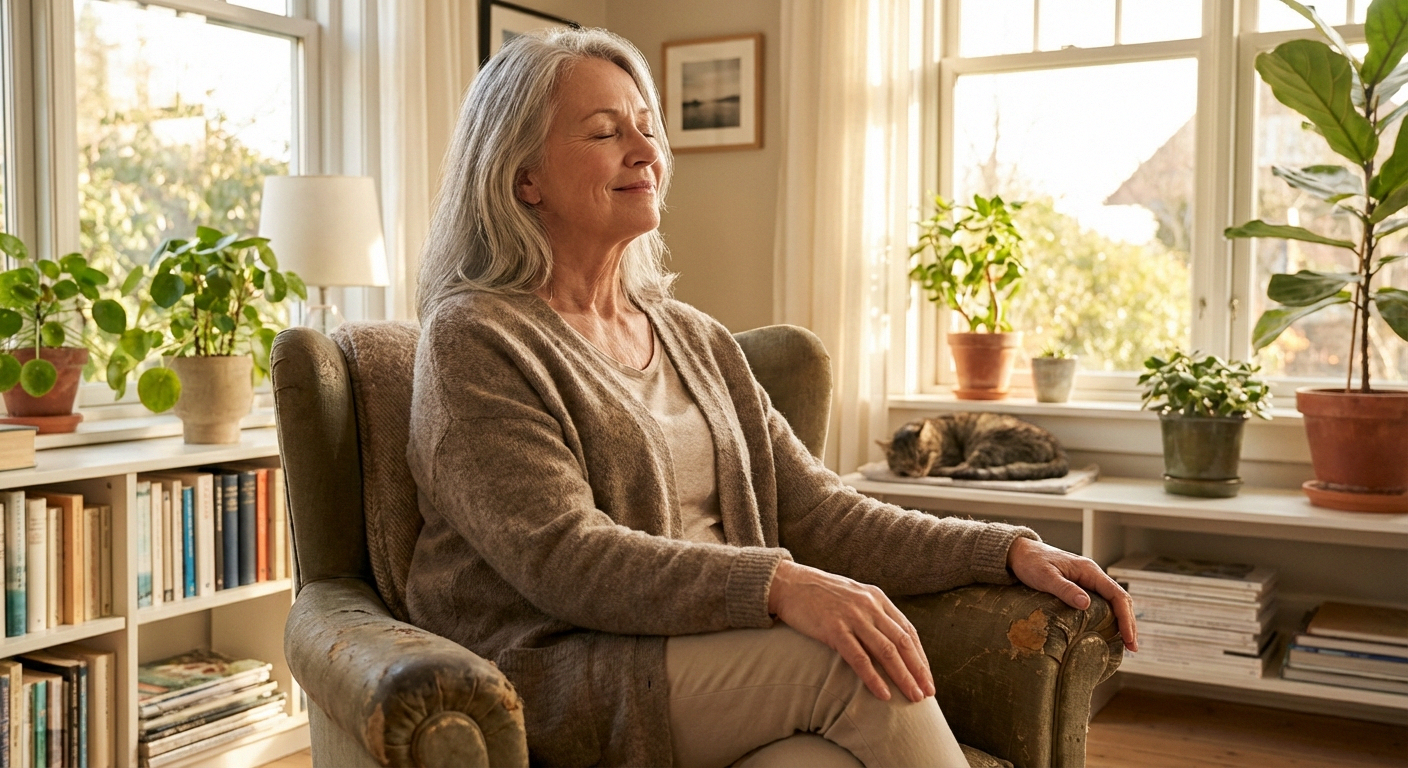 Senior woman practicing mindfulness meditation in a bright sunlit room for neuropathy pain management