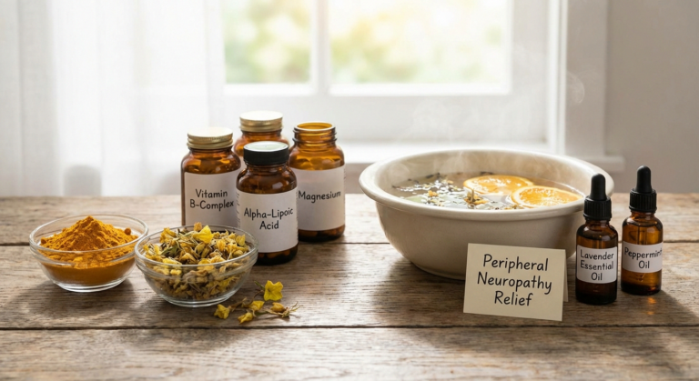Collection of natural remedies for peripheral neuropathy including herbs, supplements, and essential oils on a wooden surface
