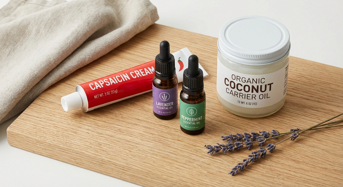 Topical neuropathy treatments including capsaicin cream and essential oil bottles with lavender and peppermint on a wooden surface