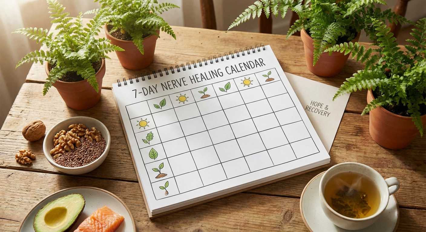 7-day calendar timeline showing a nerve healing recovery plan with natural remedies and lifestyle steps