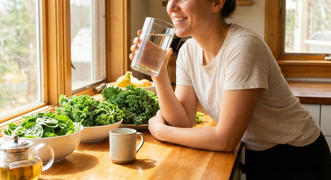 Person drinking water with leafy greens and detoxifying foods for nerve health recovery