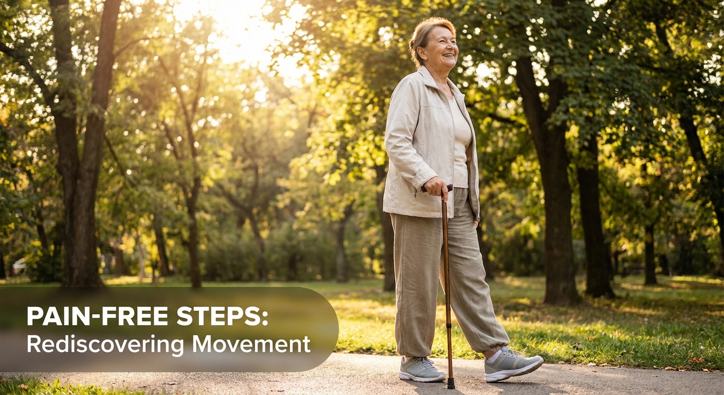 Senior woman walking in a park, restored mobility and energy after following a neuropathy recovery plan