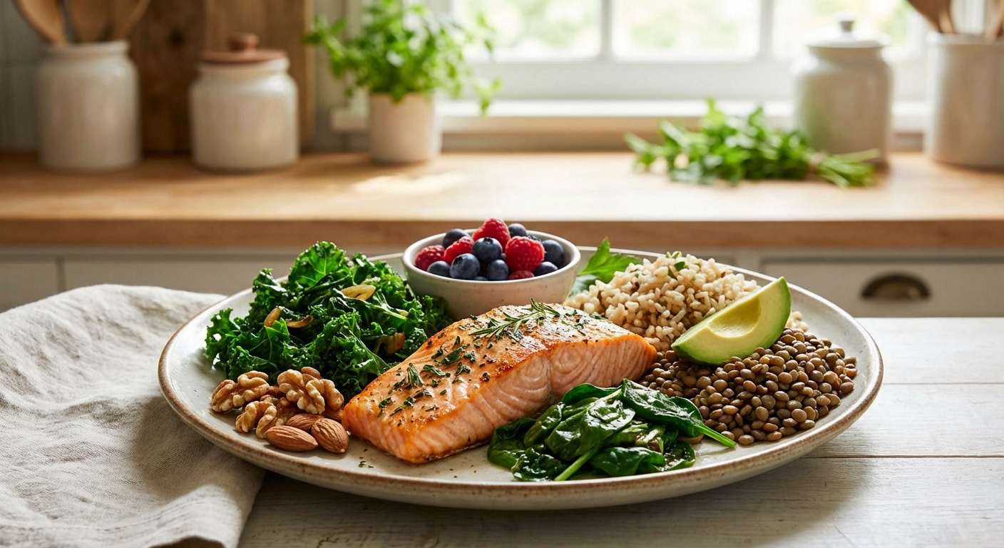 Colorful plate of nerve-healing foods including salmon, leafy greens, berries and nuts for neuropathy recovery