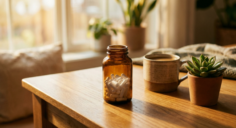 Acetyl-L-carnitine supplement capsules in a warm natural morning light setting