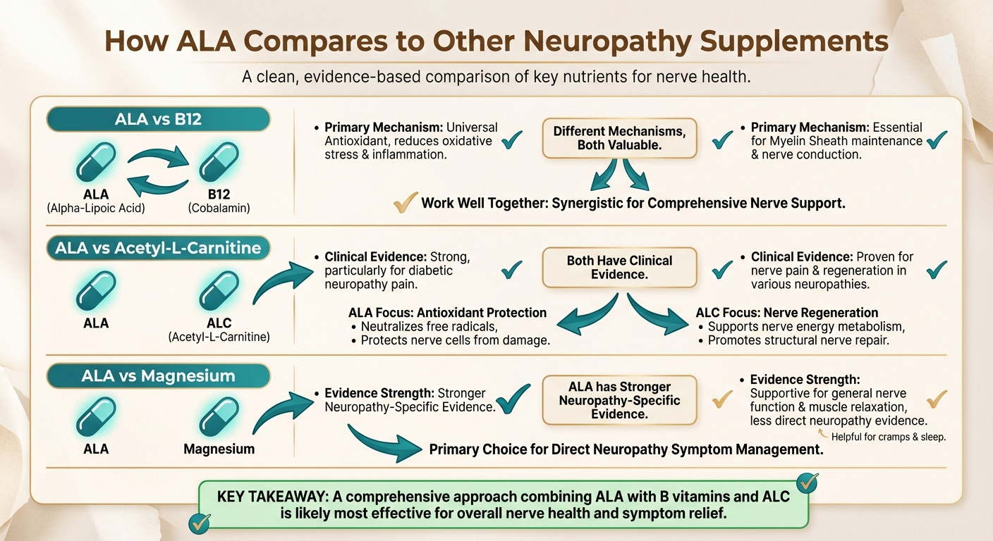 Comparison chart of alpha lipoic acid versus B12, acetyl-L-carnitine, and magnesium for neuropathy treatment