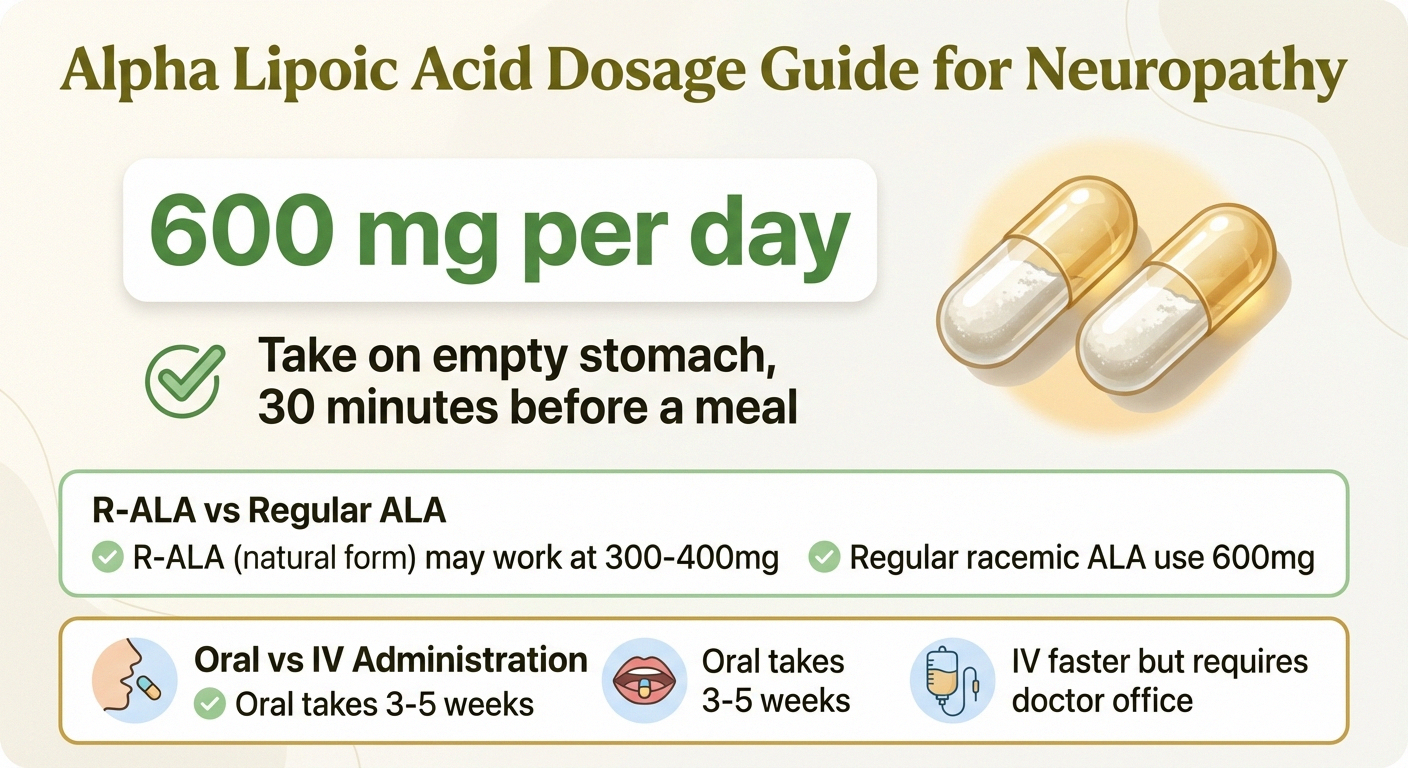 Dosage guide showing 600mg per day of alpha lipoic acid taken on empty stomach for neuropathy relief