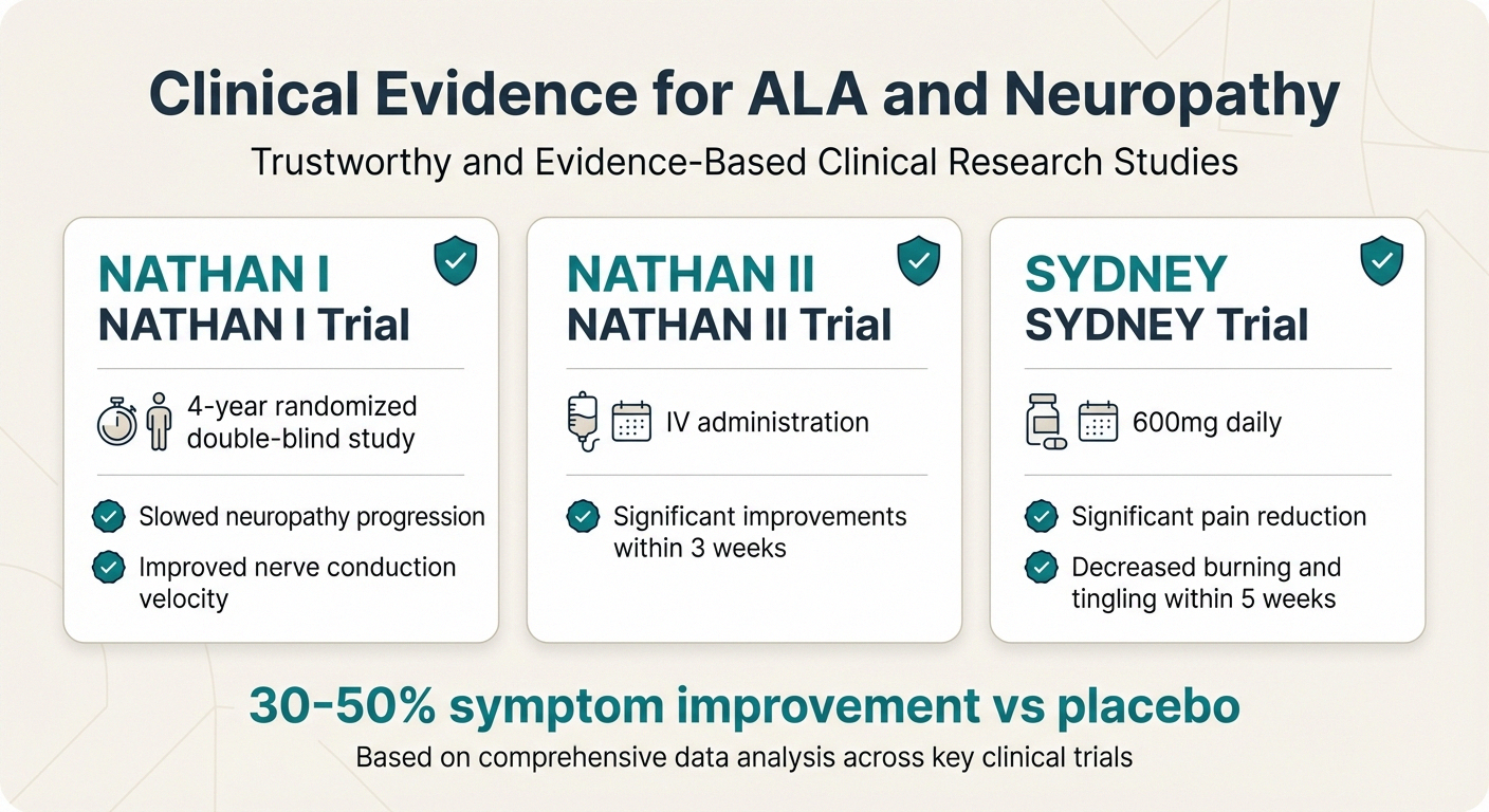 Clinical study summary showing NATHAN I, NATHAN II, and SYDNEY trial results for alpha lipoic acid and neuropathy