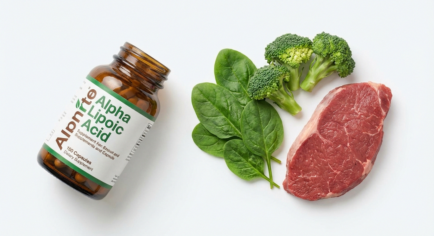Alpha-lipoic acid capsules with spinach and broccoli showing natural food sources of this antioxidant
