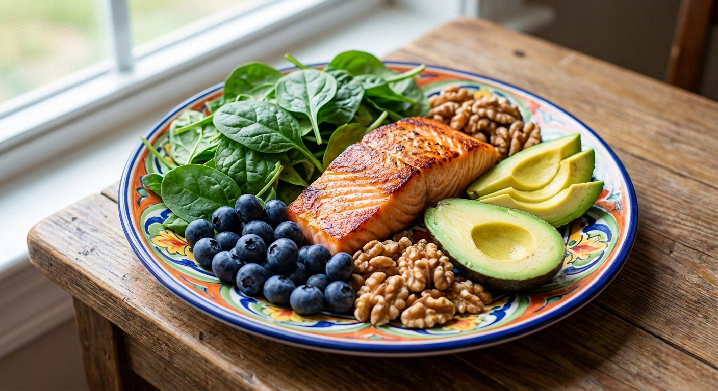Colorful plate of anti-inflammatory foods for nerve health including salmon, berries, and leafy greens