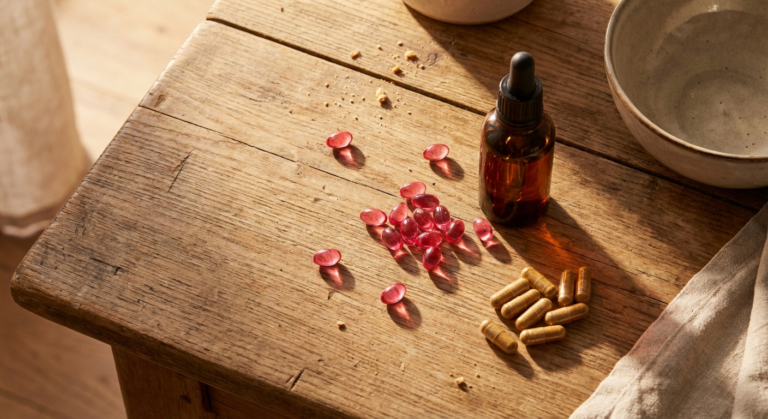 B12 supplements and vitamins arranged on a natural wood surface for neuropathy support