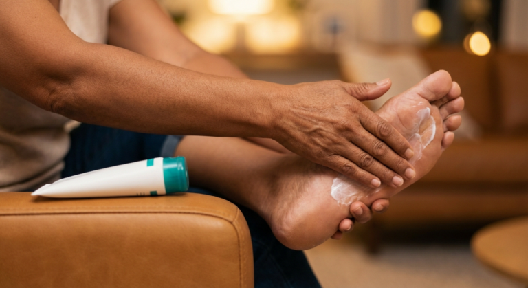 Older Hispanic woman applying neuropathy cream to foot during evening self-care routine