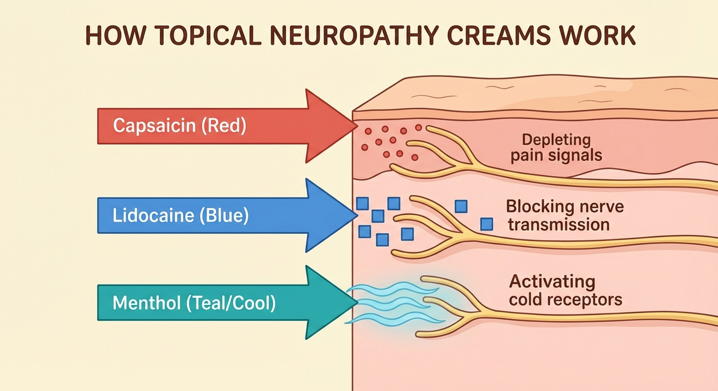 Educational diagram showing how capsaicin, lidocaine and menthol creams affect nerve endings