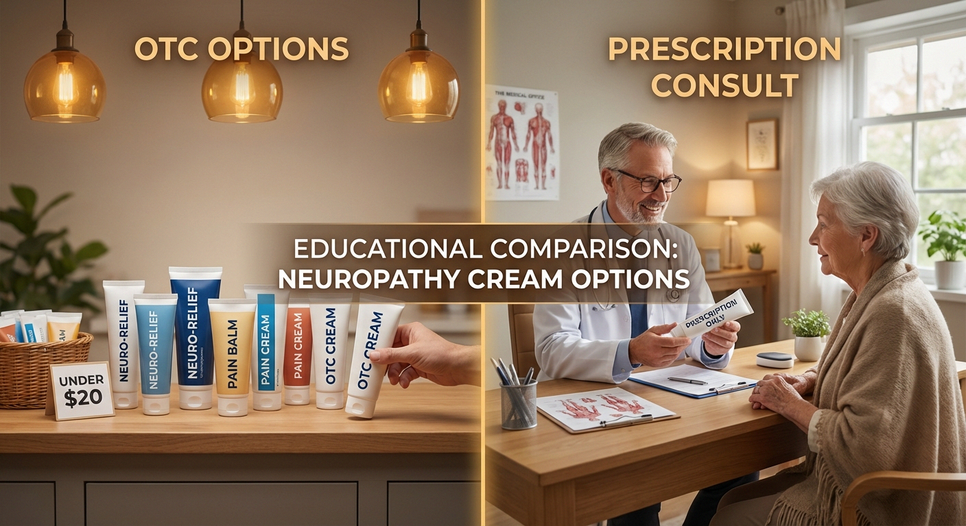 Split image comparing over-the-counter cream options with prescription cream consultation