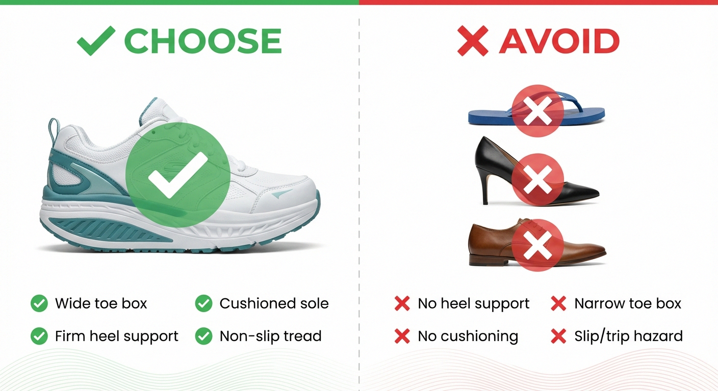 Shoes to choose versus shoes to avoid for neuropathy — comparison chart showing good versus bad footwear features