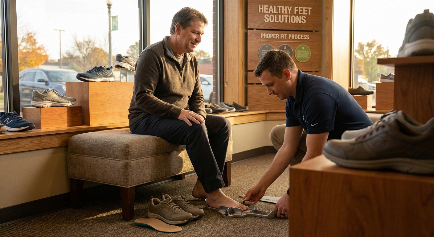Proper shoe fitting for neuropathy — measuring both feet in the afternoon for the best fit