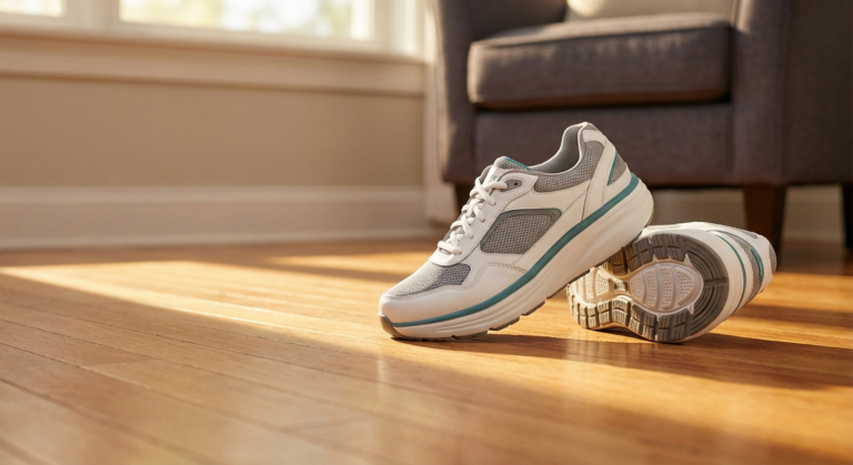 Pair of quality supportive walking shoes on hardwood floor showing wide toe box, thick cushioned midsole, and teal accent