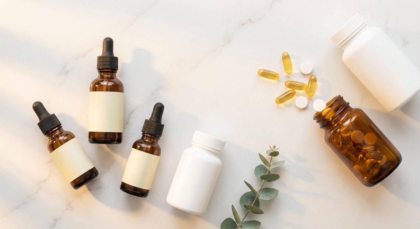 Flat-lay arrangement of supplement bottles and capsules for nerve health including B12, vitamin D3, and alpha lipoic acid for neuropathy support