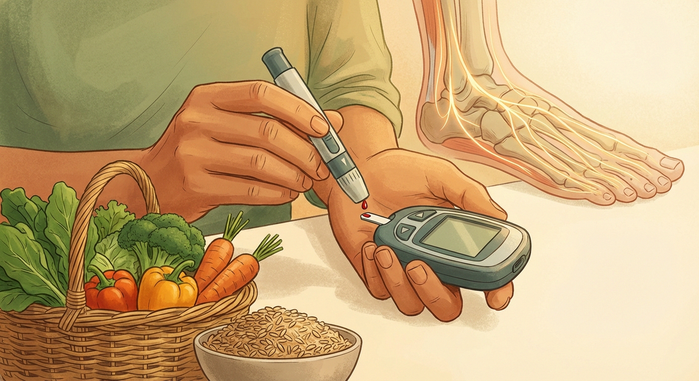 Person monitoring blood glucose levels — controlling blood sugar to manage diabetic neuropathy