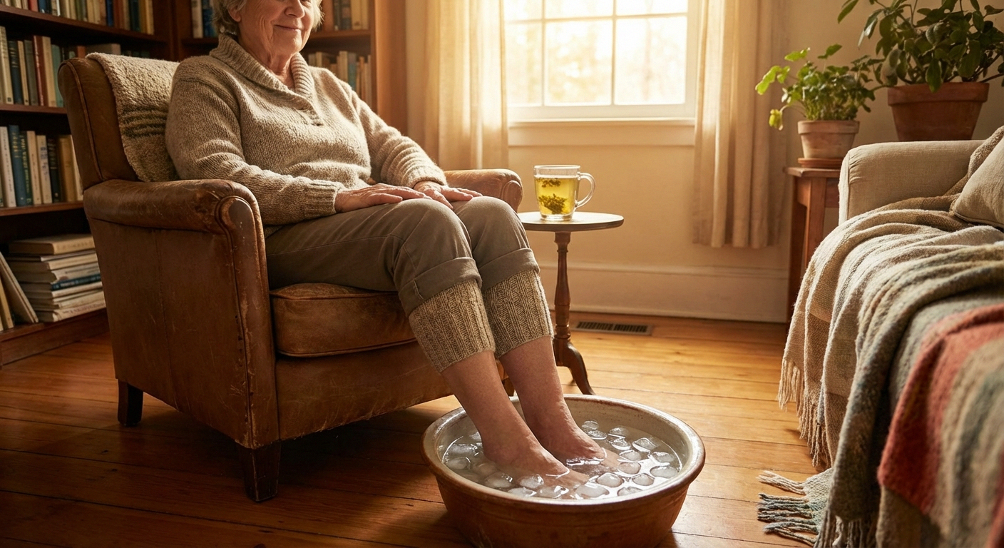 Person soaking burning feet in cool water basin for neuropathy pain relief