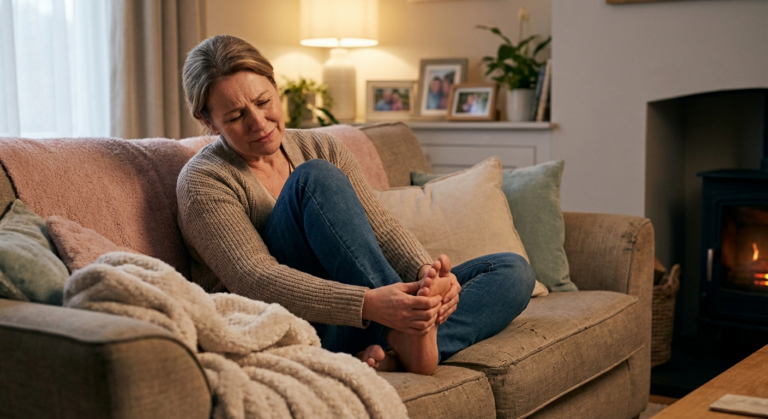 Woman rubbing uncomfortable burning feet while sitting on couch at home