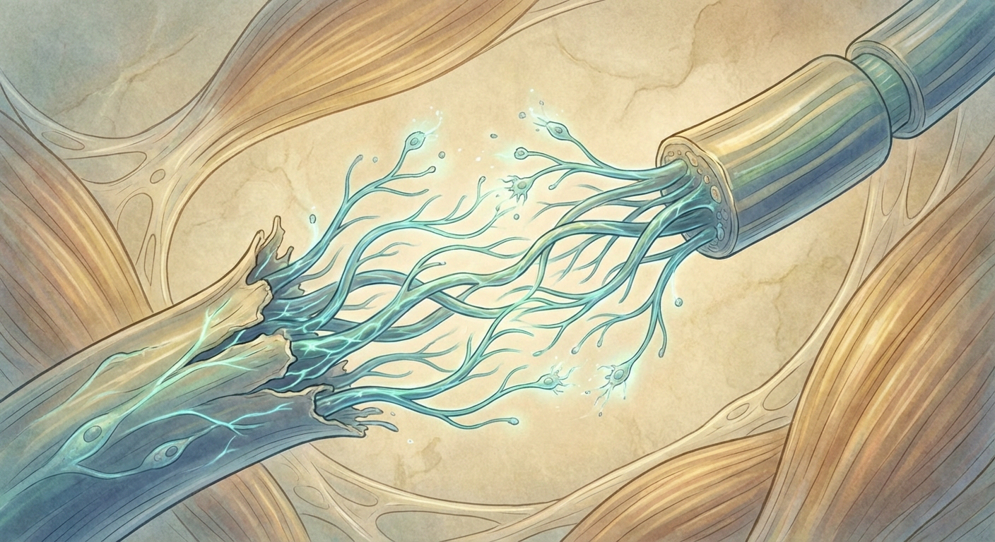 Damaged peripheral nerve fiber regrowing, concept illustration of nerve regeneration and healing