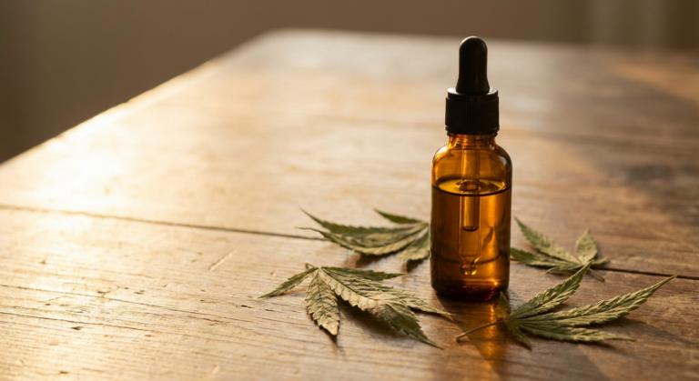 CBD oil dropper bottle on warm surface with hemp leaves for neuropathy nerve pain relief