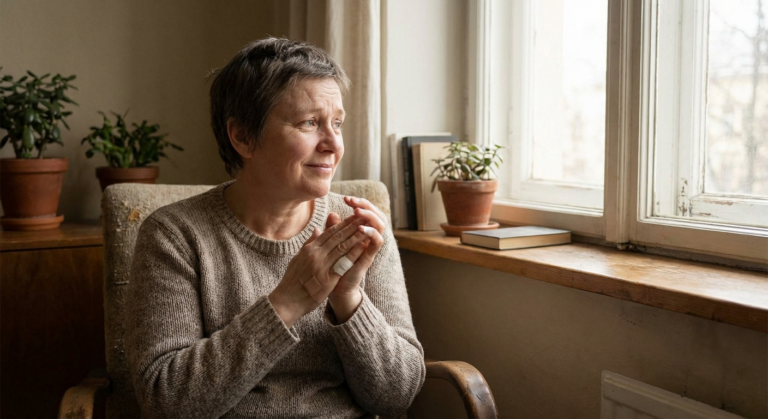 Cancer survivor with short hair growth, looking hopeful but rubbing hands, suggesting nerve symptoms