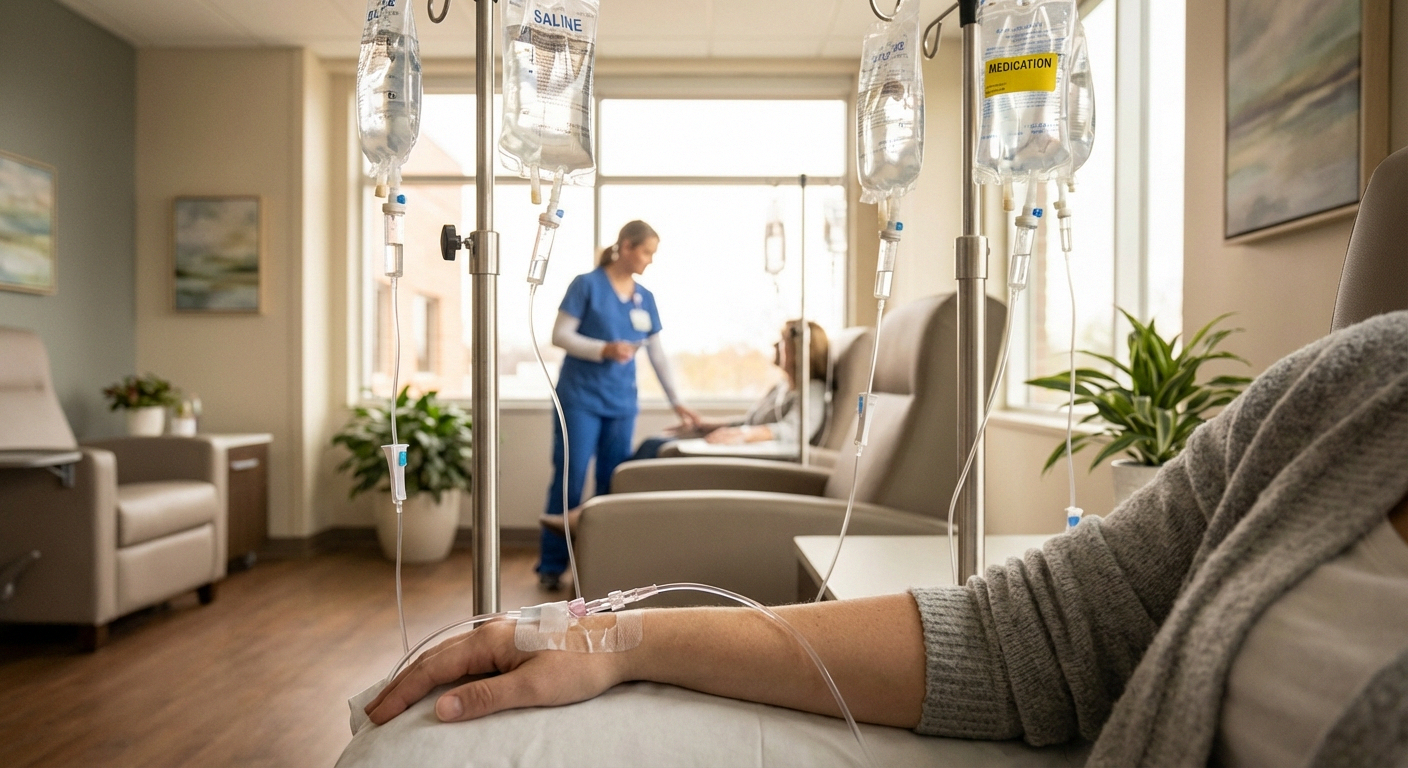 Chemotherapy IV infusion bags in cancer treatment center causing potential nerve damage