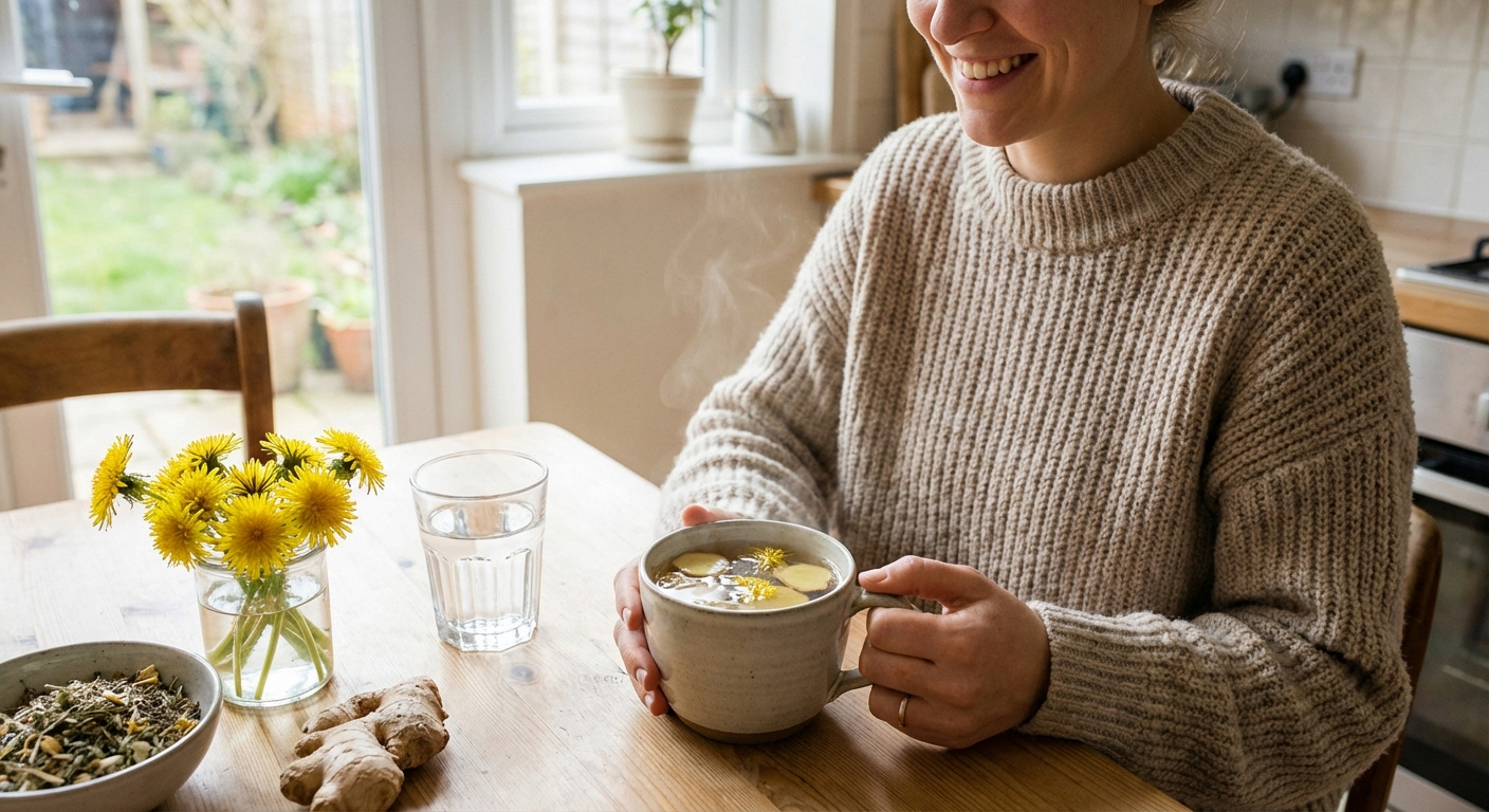 Person drinking herbal detox tea with ginger and dandelion for neuropathy relief