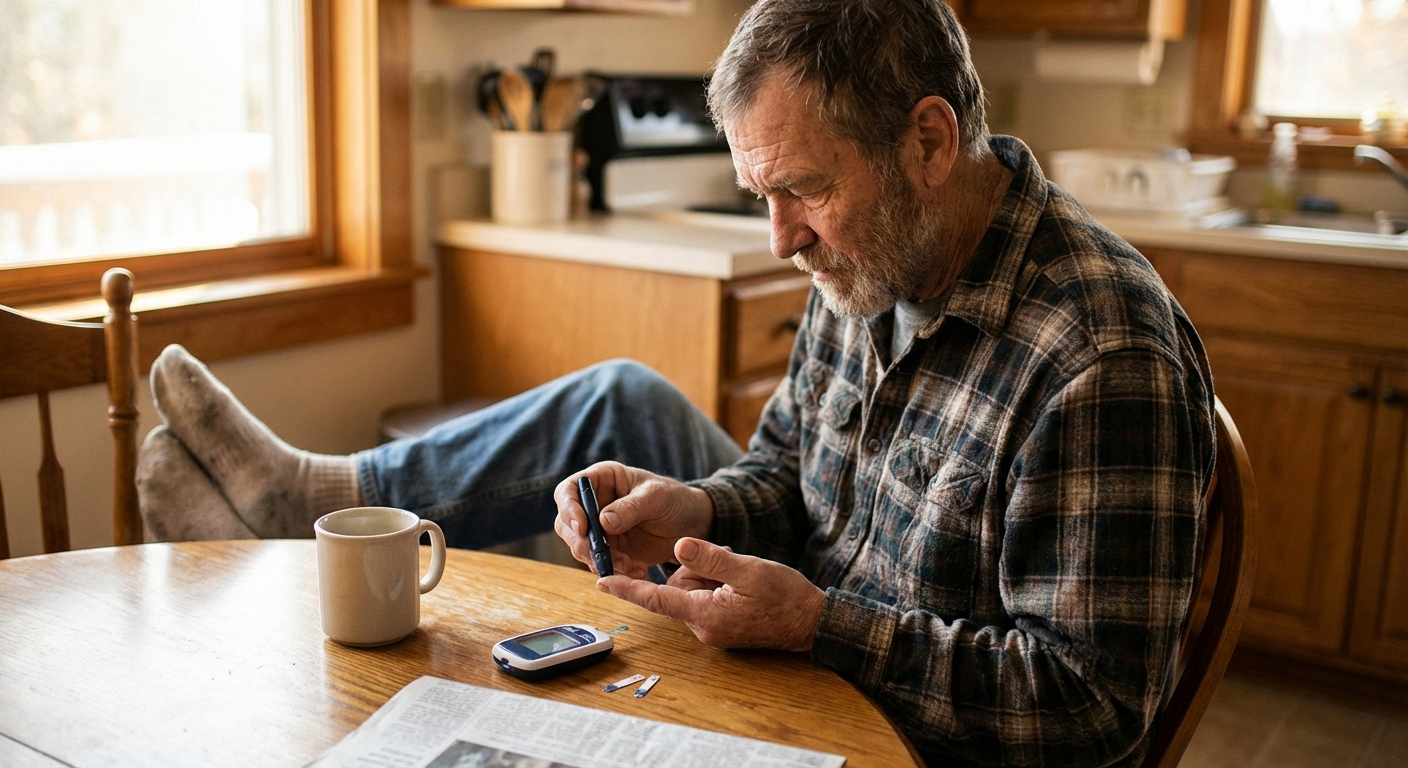 Person checking blood sugar with glucose meter with feet visible in background, showing the diabetes-neuropathy connection