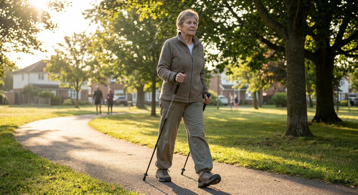 Person walking outdoors in comfortable shoes, maintaining active lifestyle despite diabetic neuropathy