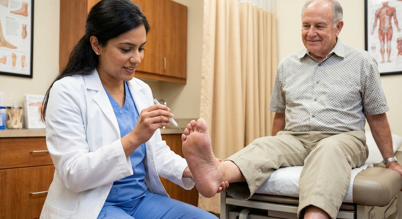 Doctor examining patient feet with monofilament test for burning feet diagnosis