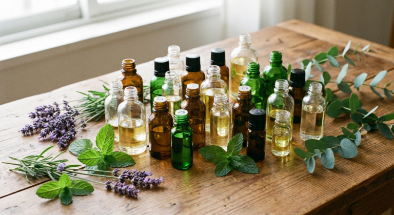 Arrangement of essential oil bottles with lavender, peppermint leaves, and eucalyptus on warm wooden surface