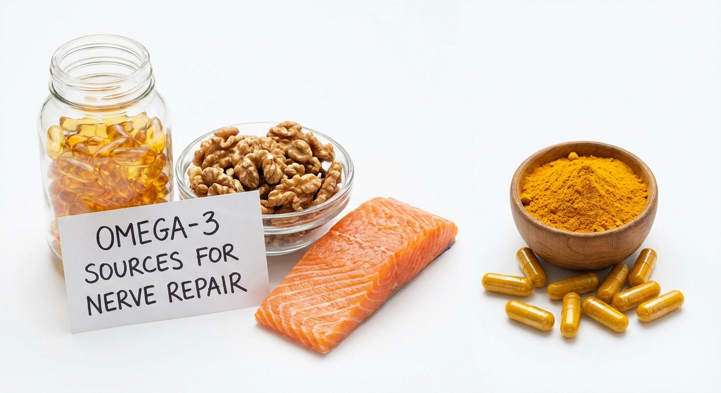 Fish oil omega-3 capsules with salmon and curcumin turmeric powder for neuropathy relief