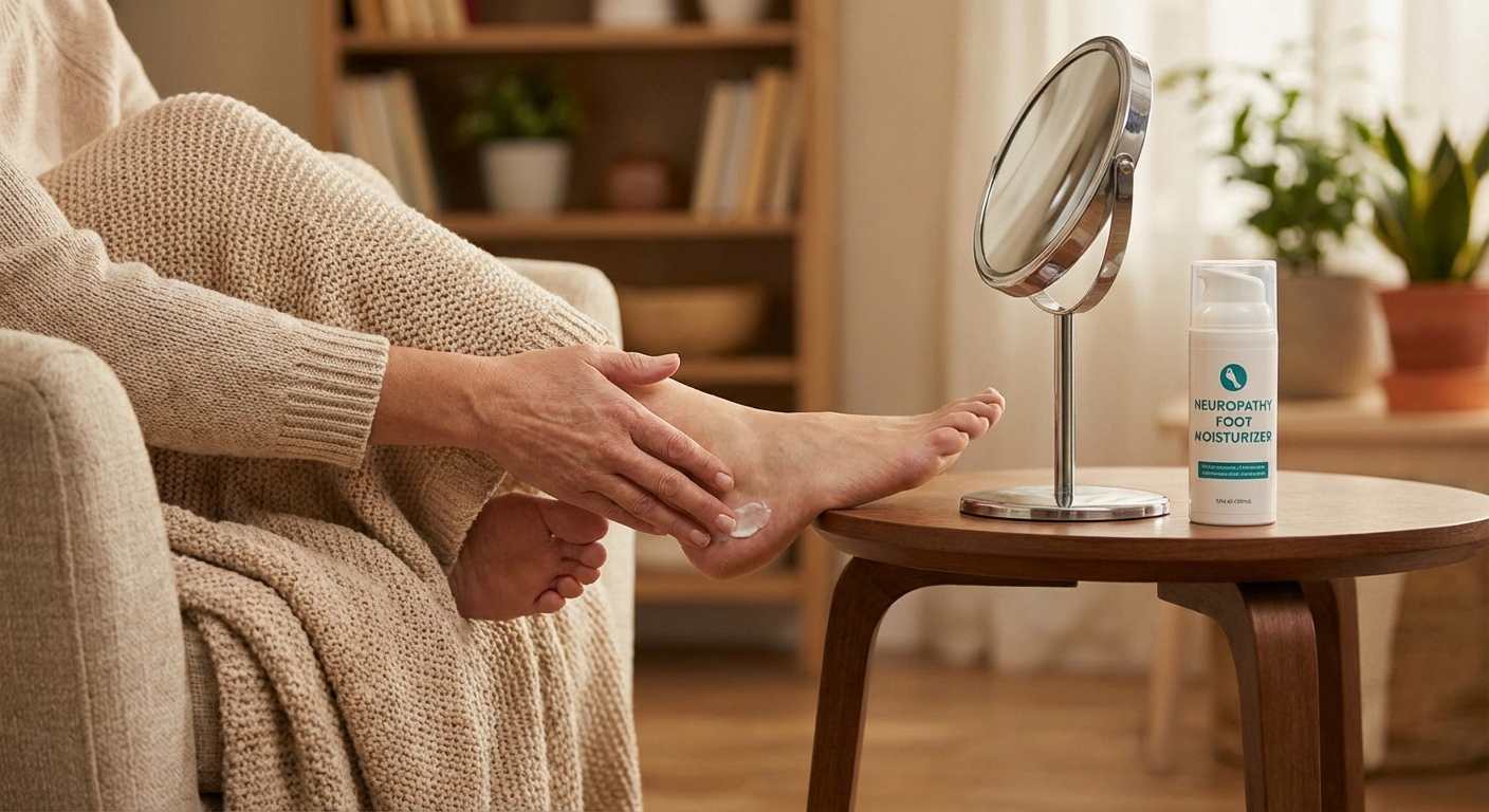 Person carefully inspecting and moisturizing feet as part of neuropathy foot care routine
