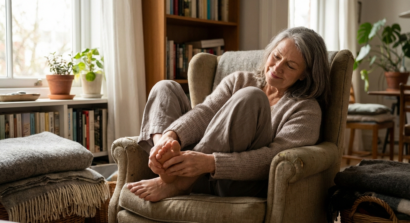 Person giving themselves a foot massage in comfortable chair, warm living room setting
