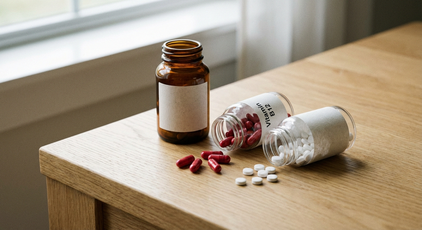 Natural supplements like B12 and alpha-lipoic acid arranged alongside prescription bottle showing options