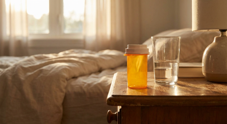Prescription medication bottle on nightstand next to glass of water, warm bedroom setting