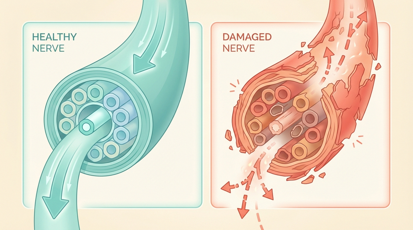 Illustration showing healthy nerve vs damaged peripheral nerve in neuropathy
