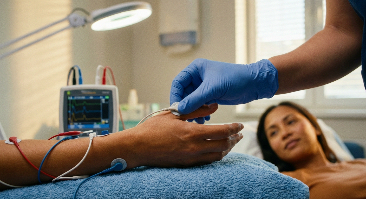 Nerve conduction study electrodes placed on patient hand during EMG testing