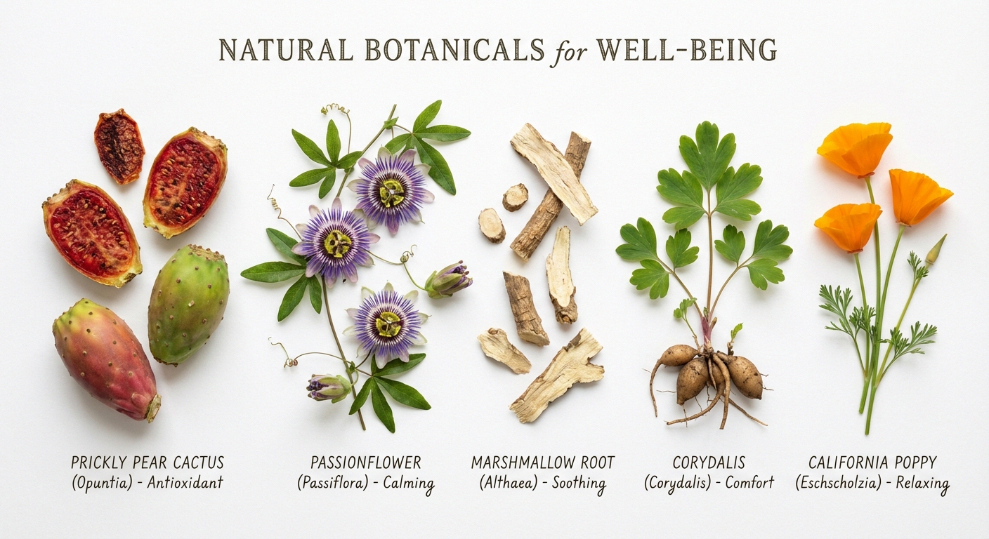 Nerve Fresh key ingredients: prickly pear, passionflower, marshmallow root, corydalis, and California poppy botanical illustration