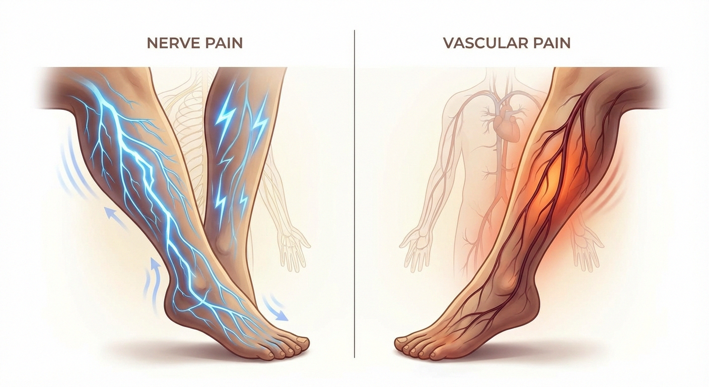 Medical illustration comparing nerve pain and vascular pain in the human leg