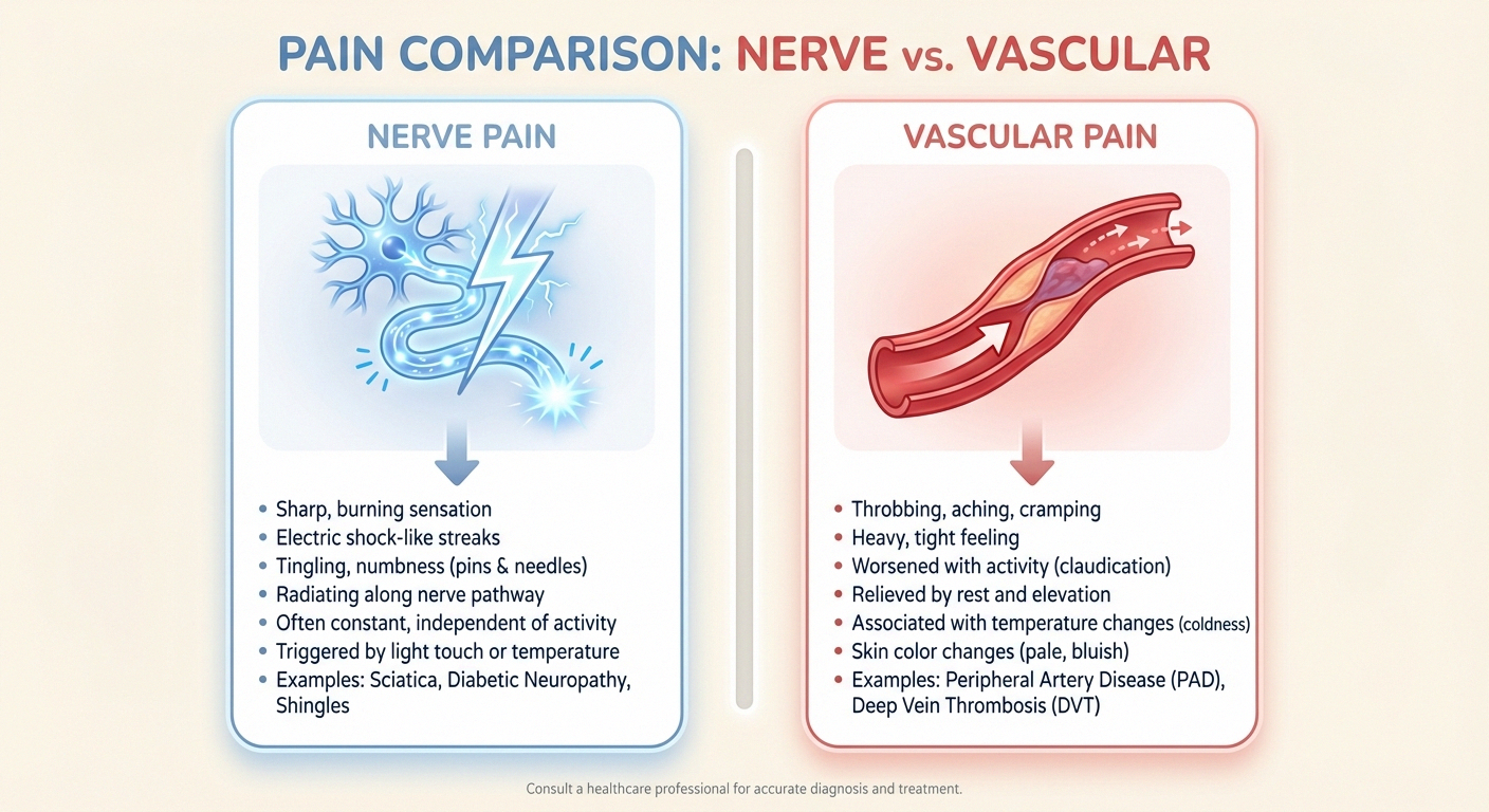 Medical diagram comparing nerve pain characteristics versus vascular pain characteristics