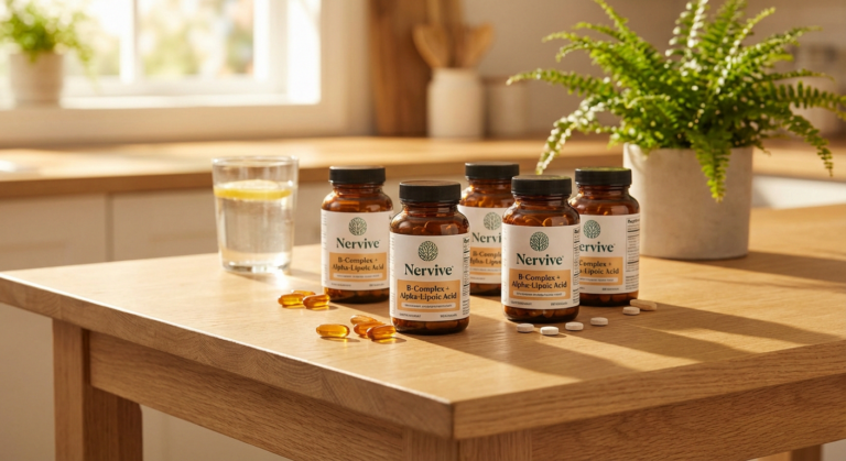 Nervive nerve relief supplement bottles arranged for neuropathy product review