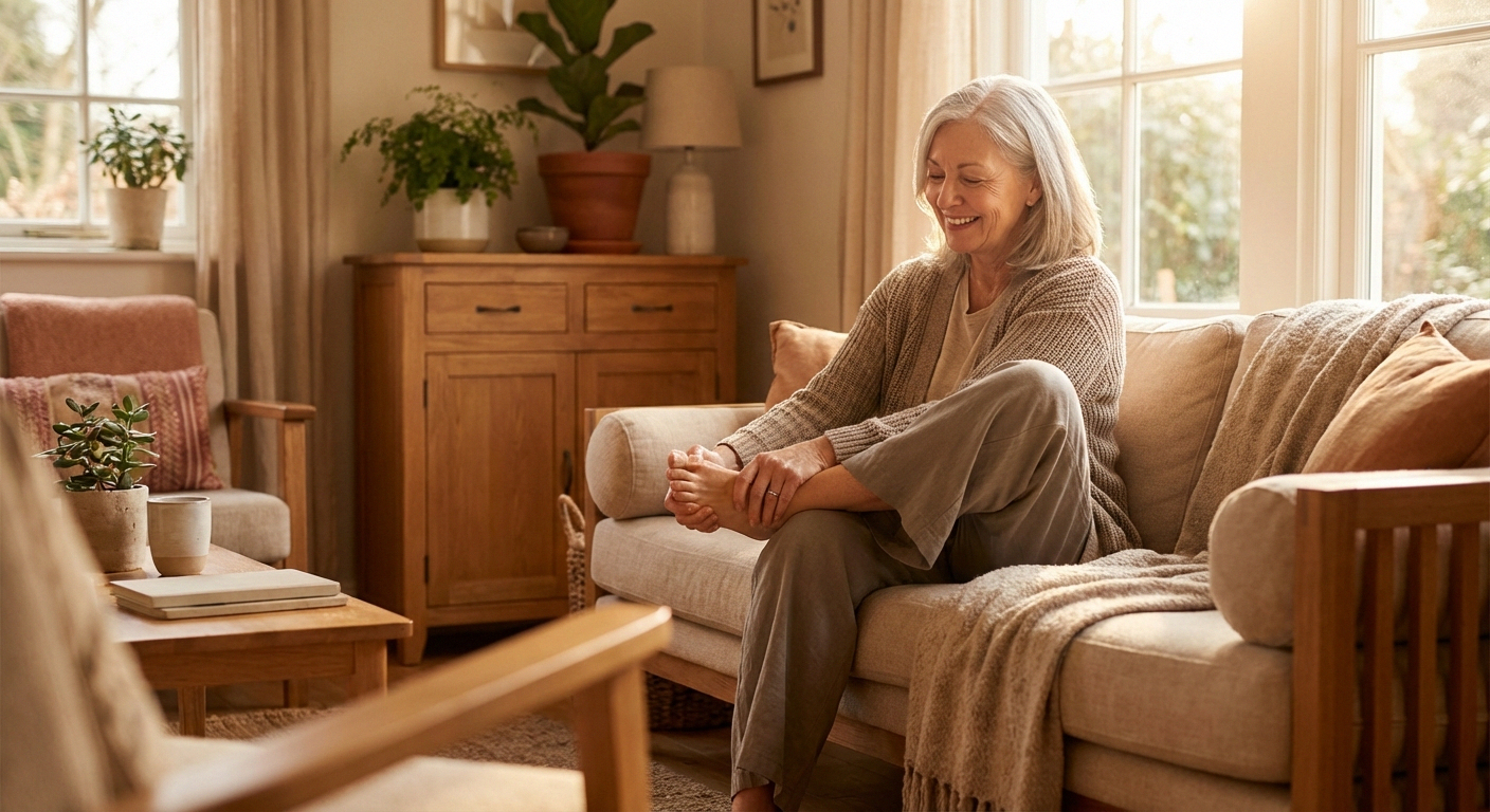 Senior person experiencing relief from peripheral neuropathy tingling and numbness in feet