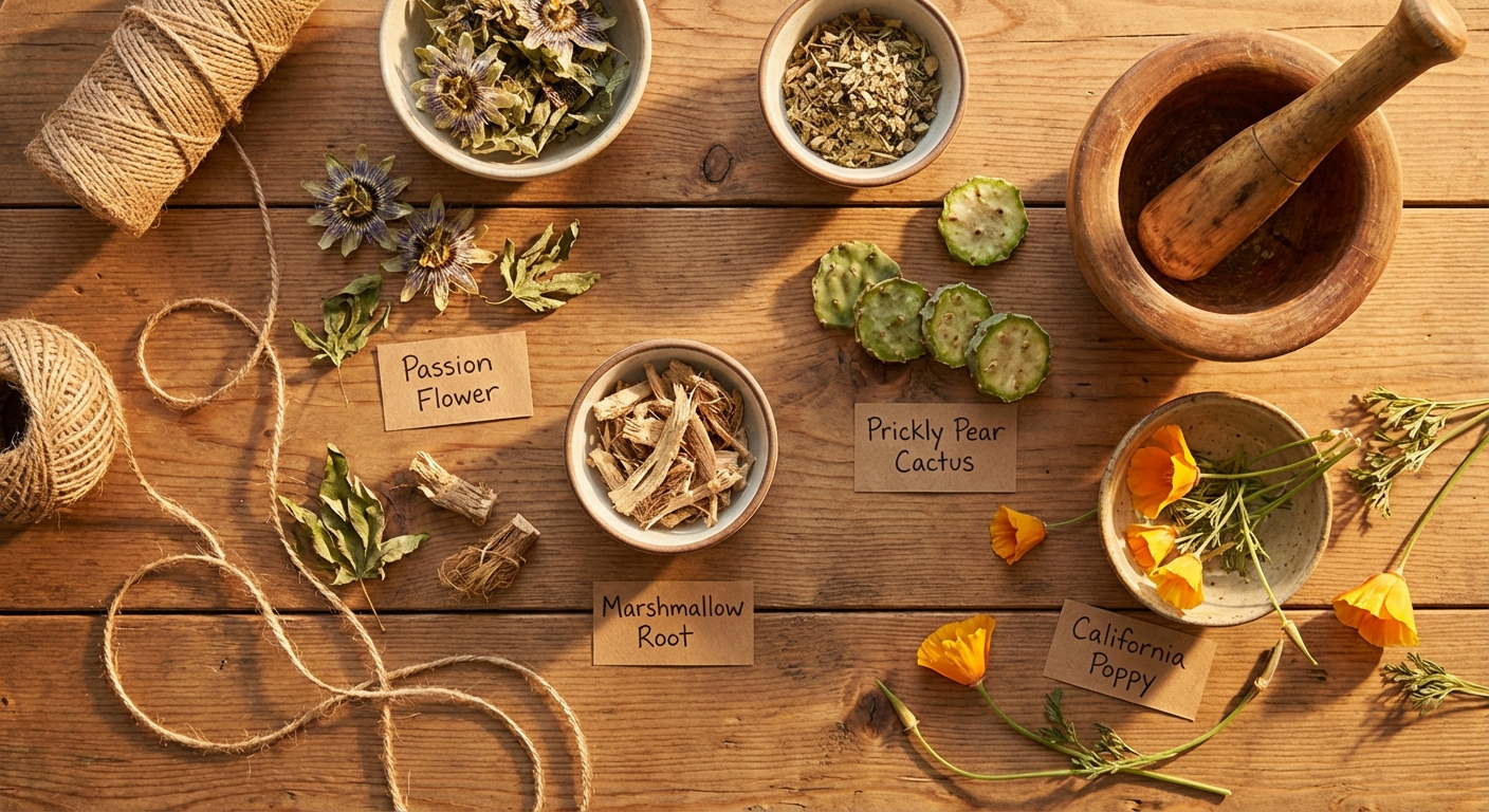 Natural herbal ingredients in Nervovive: passion flower, marshmallow root, prickly pear, and california poppy