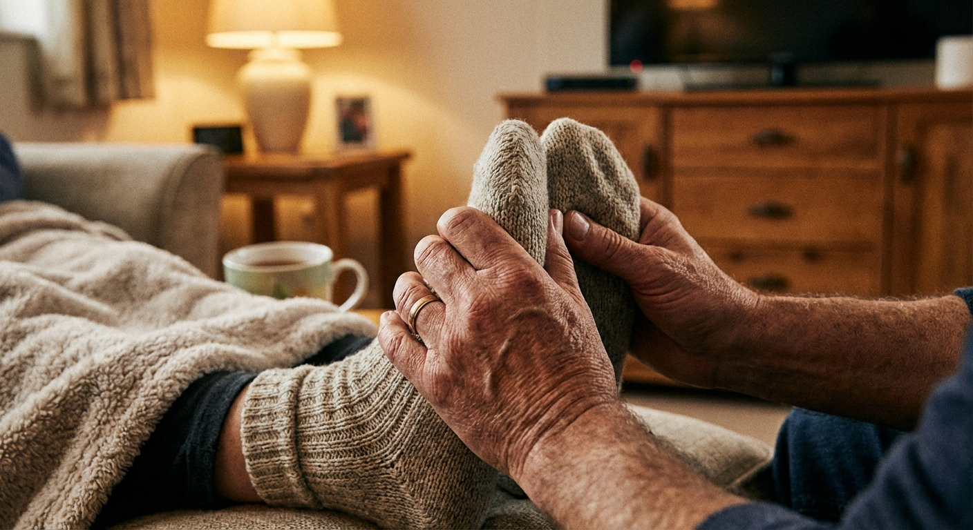 Person gently massaging numb feet with neuropathy pain, seeking natural nerve pain relief